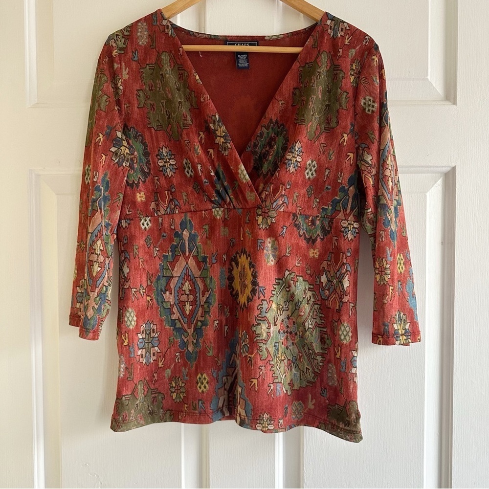Chaps Y2K Babydoll‎ Women’s XL Mesh Aztec Tribal Print Top Stretch Boho Fairy